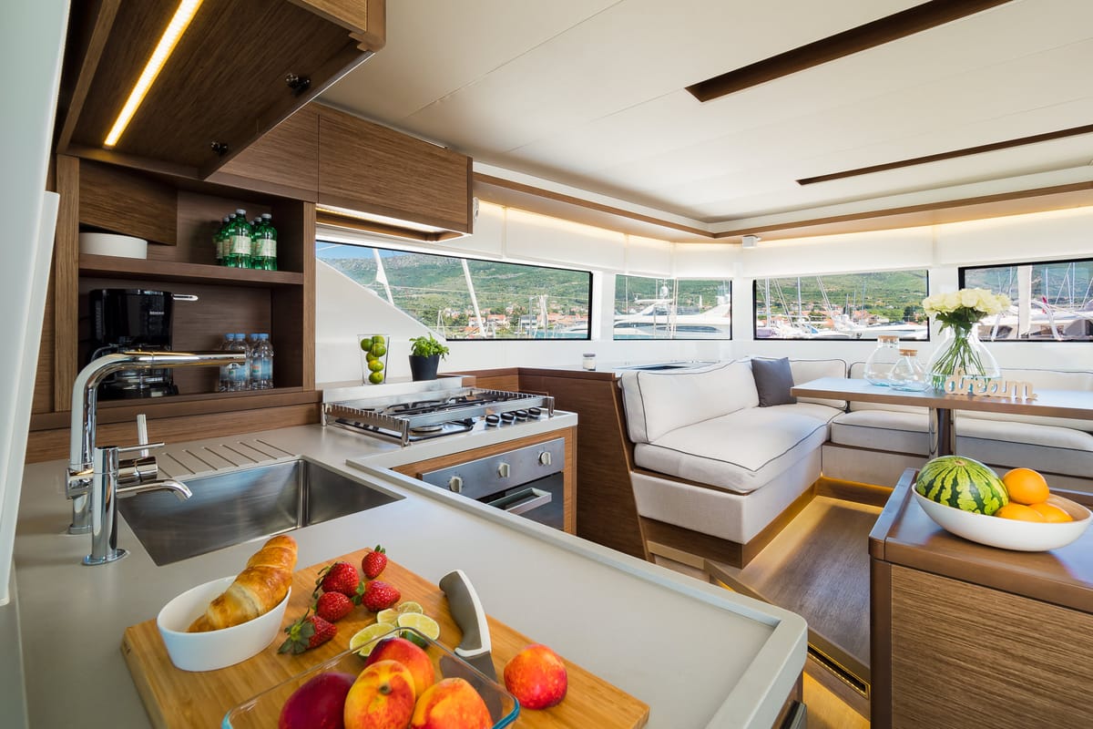 Exterior view of Badi, a Lagoon 50 catamaran at Grad Kaštela, Croatia