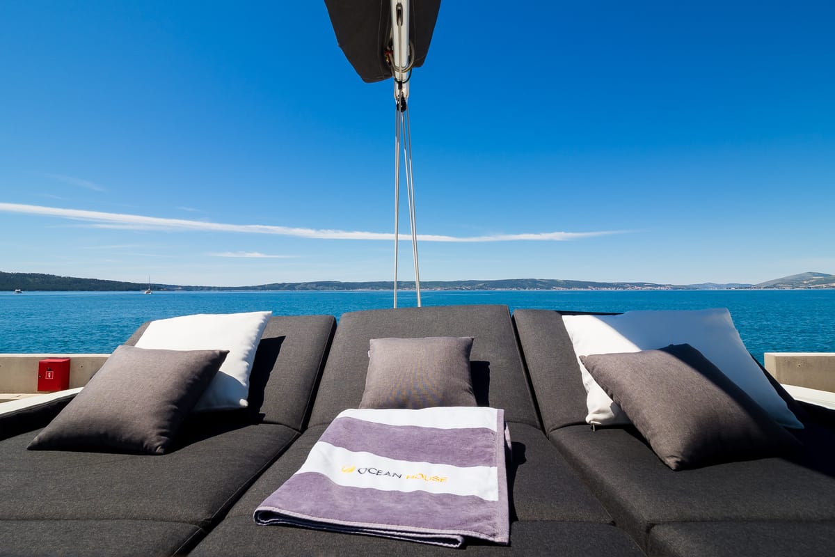 Deck of Badi, a Lagoon 50 catamaran at Grad Kaštela, Croatia