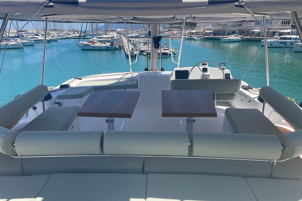 Cockpit of Maia, a Bali 5.4 catamaran at Salerno, Italy