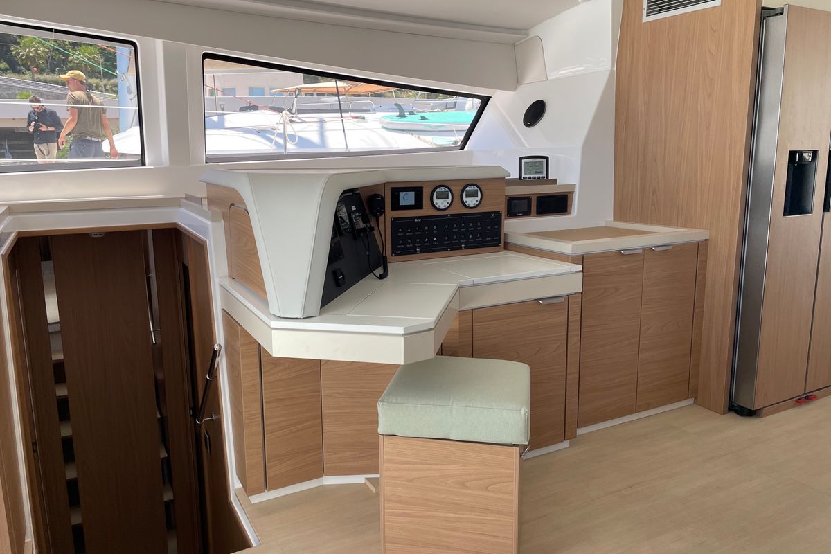 Cockpit of Maia, a Bali 5.4 catamaran at Salerno, Italy