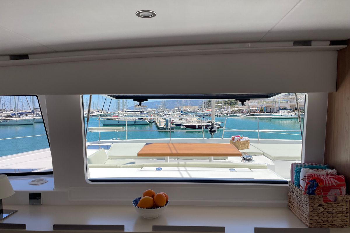 Salon of Maia, a Bali 5.4 catamaran at Salerno, Italy