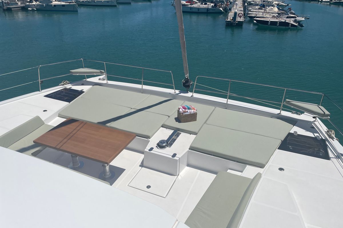 Deck of Maia, a Bali 5.4 catamaran at Salerno, Italy