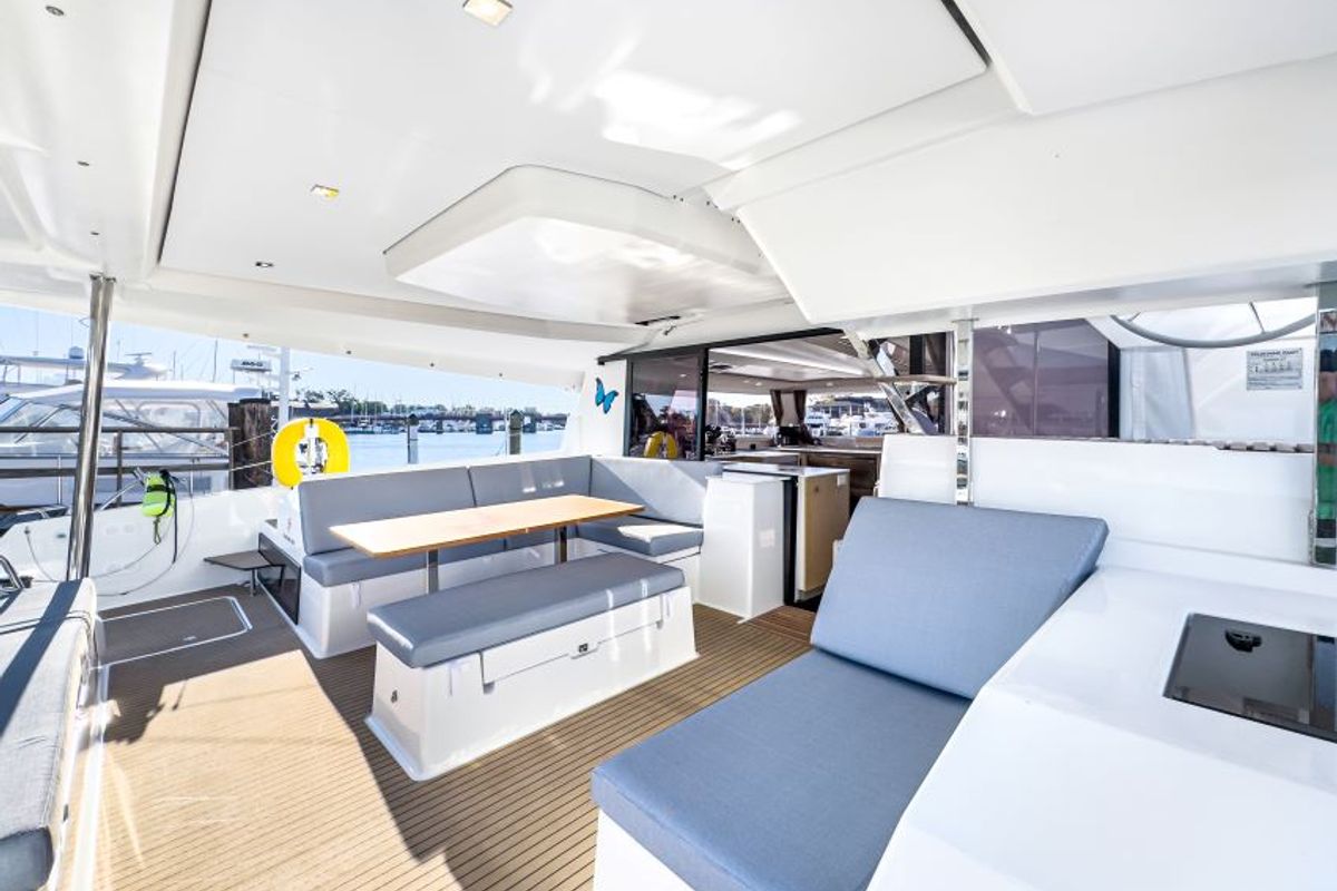 Deck of La Bella Vita, a Fountaine Pajot Tanna 47 Maestro catamaran at Road Town, British Virgin Islands