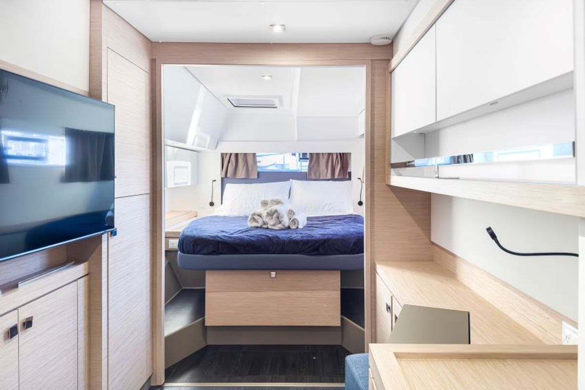 Cabin on La Bella Vita, a Fountaine Pajot Tanna 47 Maestro catamaran at Road Town, British Virgin Islands