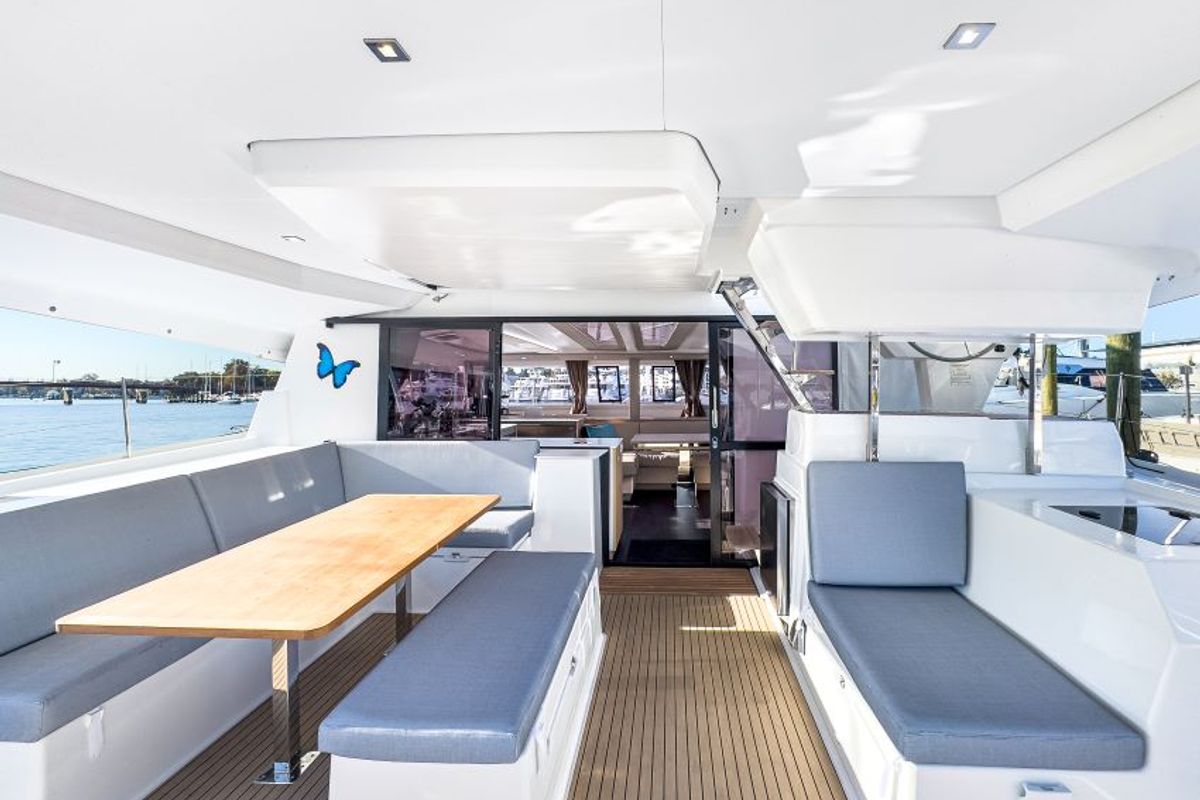 Deck of La Bella Vita, a Fountaine Pajot Tanna 47 Maestro catamaran at Road Town, British Virgin Islands