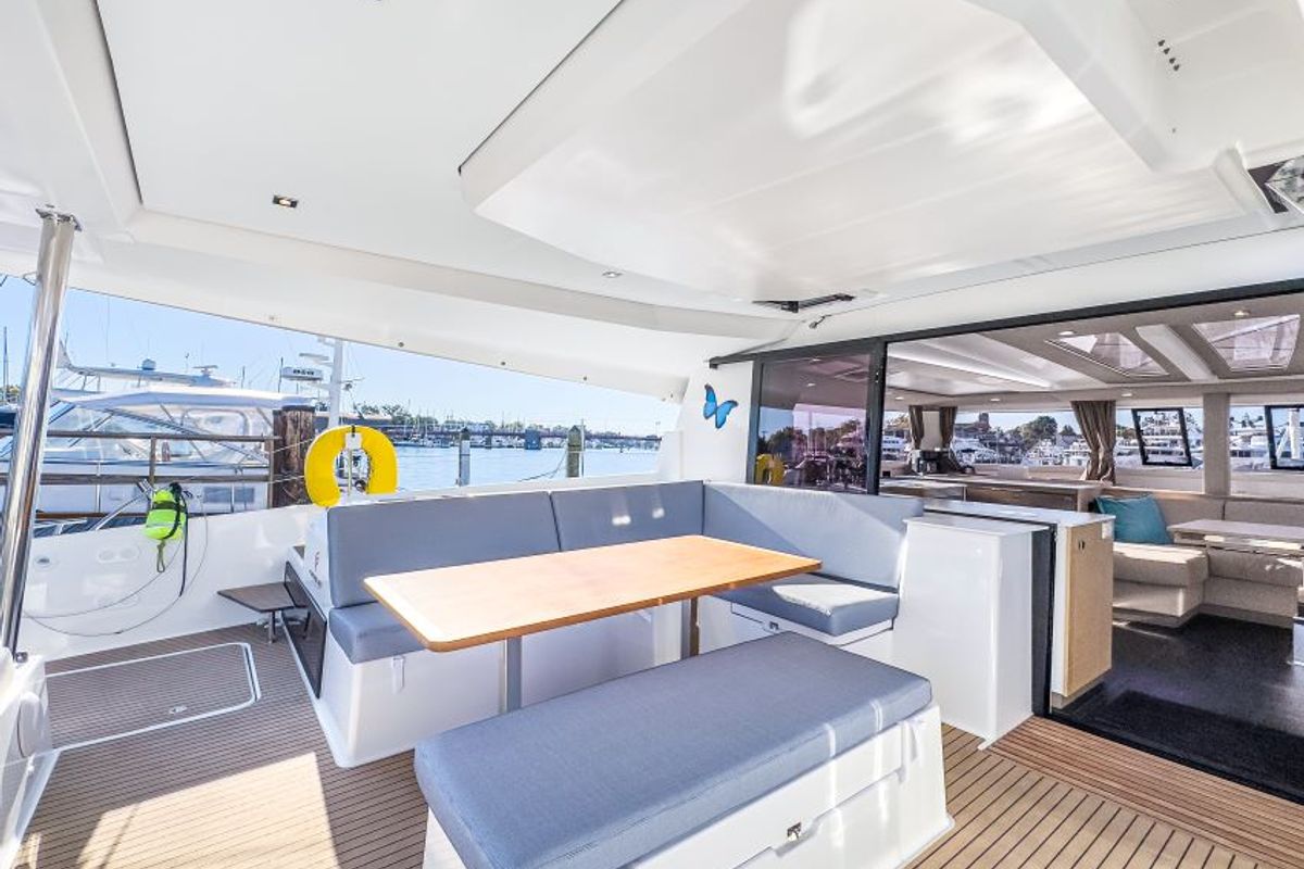 Deck of La Bella Vita, a Fountaine Pajot Tanna 47 Maestro catamaran at Road Town, British Virgin Islands
