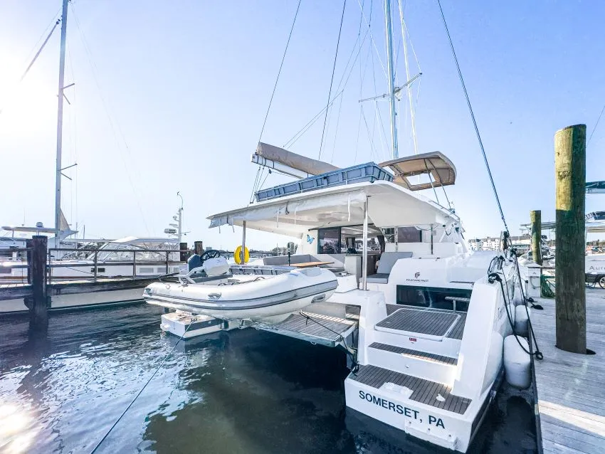 Exterior view of La Bella Vita, a Fountaine Pajot Tanna 47 Maestro catamaran at Road Town, British Virgin Islands