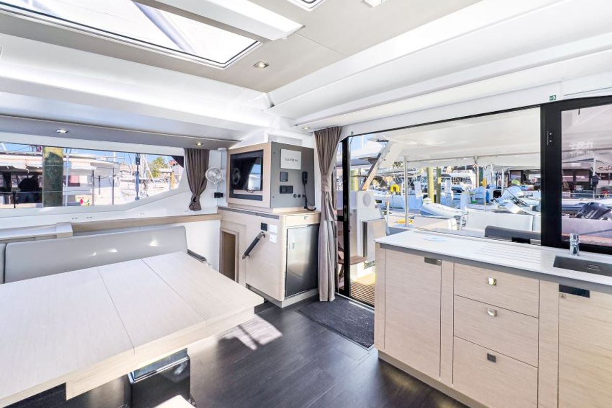 Salon of La Bella Vita, a Fountaine Pajot Tanna 47 Maestro catamaran at Road Town, British Virgin Islands