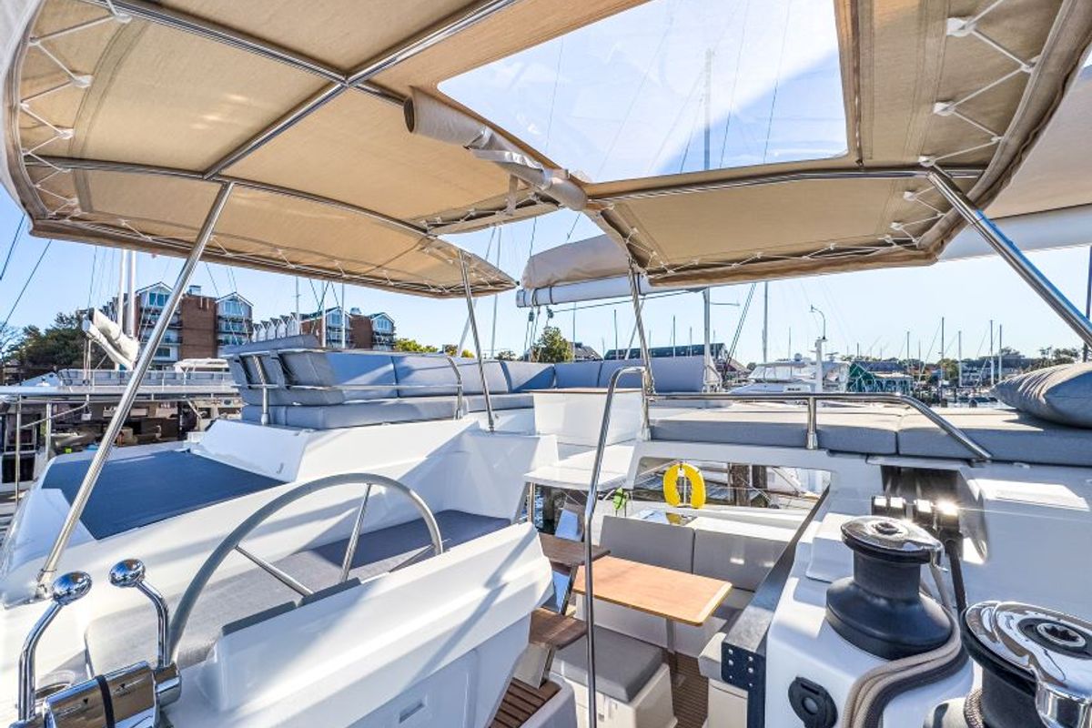 Cockpit of La Bella Vita, a Fountaine Pajot Tanna 47 Maestro catamaran at Road Town, British Virgin Islands