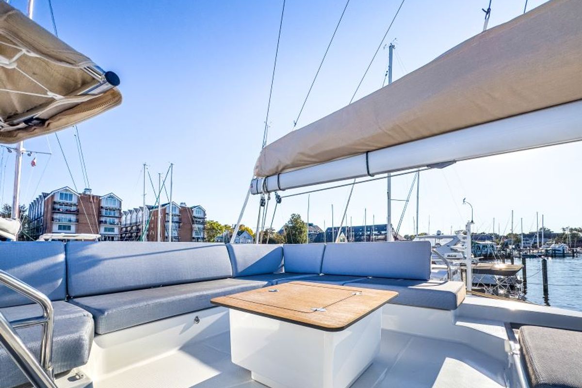 Deck of La Bella Vita, a Fountaine Pajot Tanna 47 Maestro catamaran at Road Town, British Virgin Islands