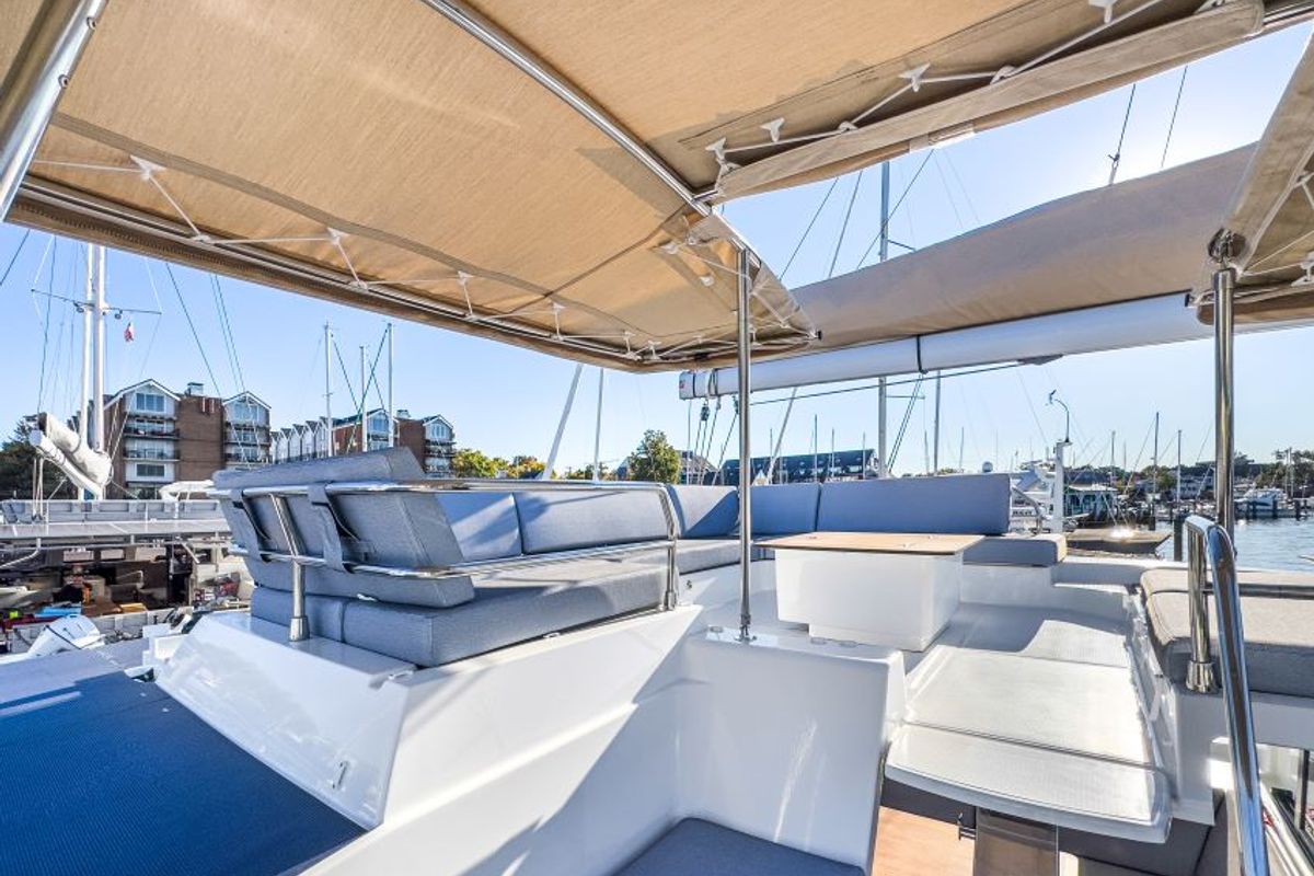 Deck of La Bella Vita, a Fountaine Pajot Tanna 47 Maestro catamaran at Road Town, British Virgin Islands