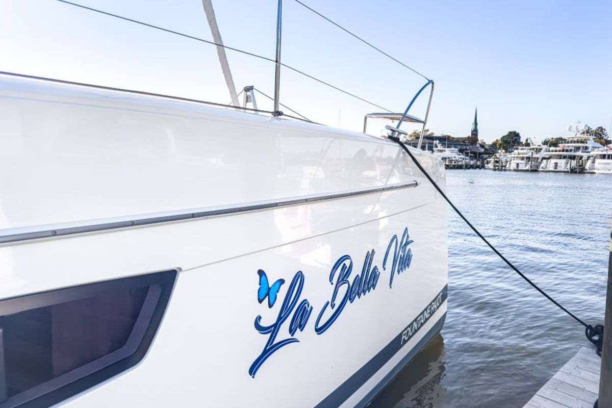 Exterior view of La Bella Vita, a Fountaine Pajot Tanna 47 Maestro catamaran at Road Town, British Virgin Islands