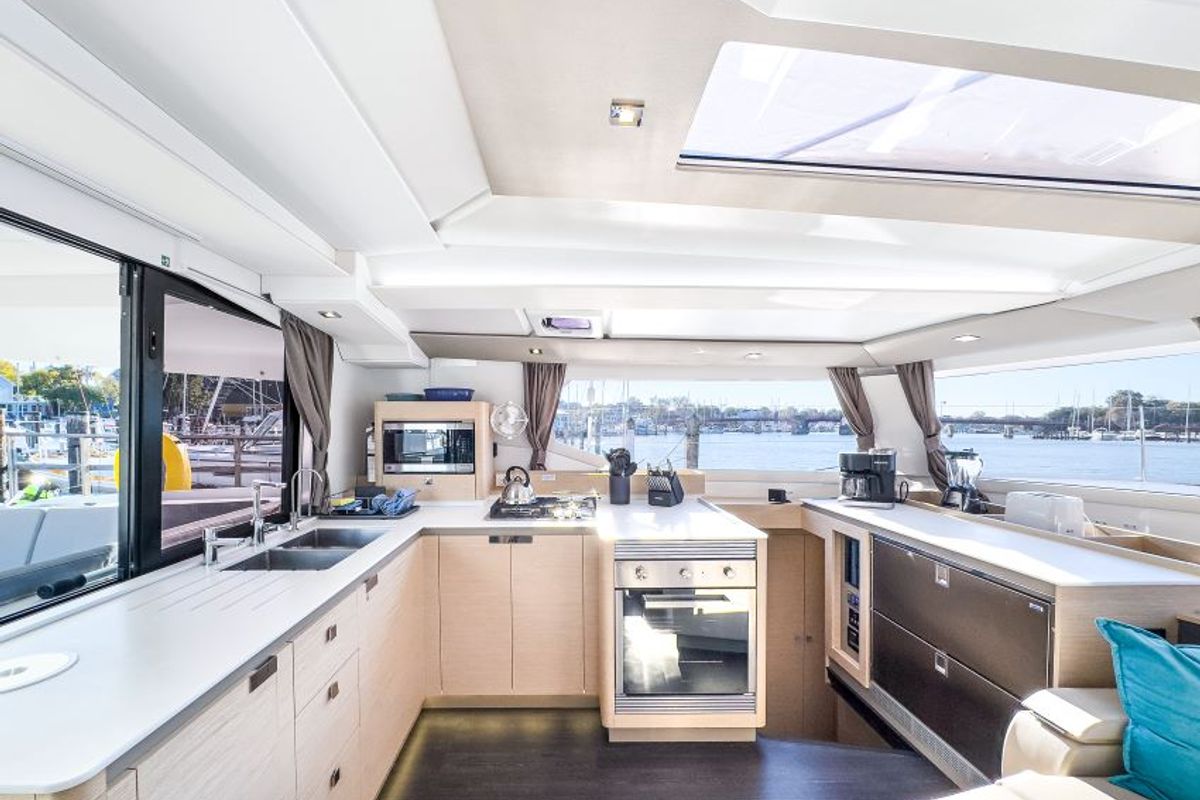 Galley of La Bella Vita, a Fountaine Pajot Tanna 47 Maestro catamaran at Road Town, British Virgin Islands