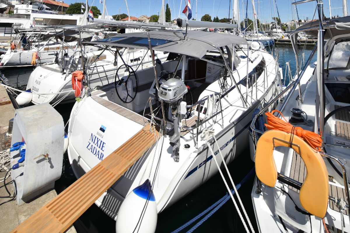 Exterior view of Nixie, a Bavaria Cruiser 41 sailboat at Zadar, Croatia