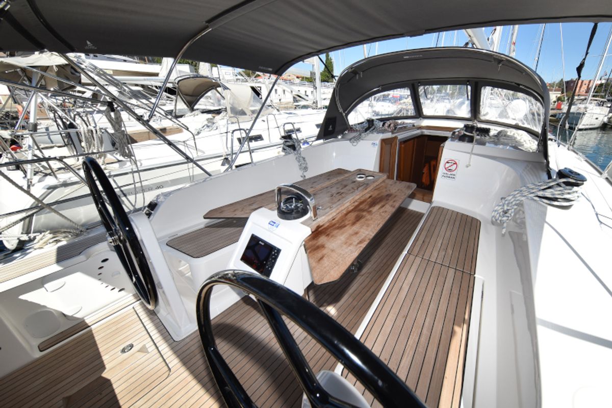 Cockpit of Nixie, a Bavaria Cruiser 41 sailboat at Zadar, Croatia