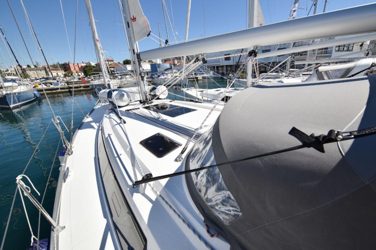 Deck of Nixie, a Bavaria Cruiser 41 sailboat at Zadar, Croatia