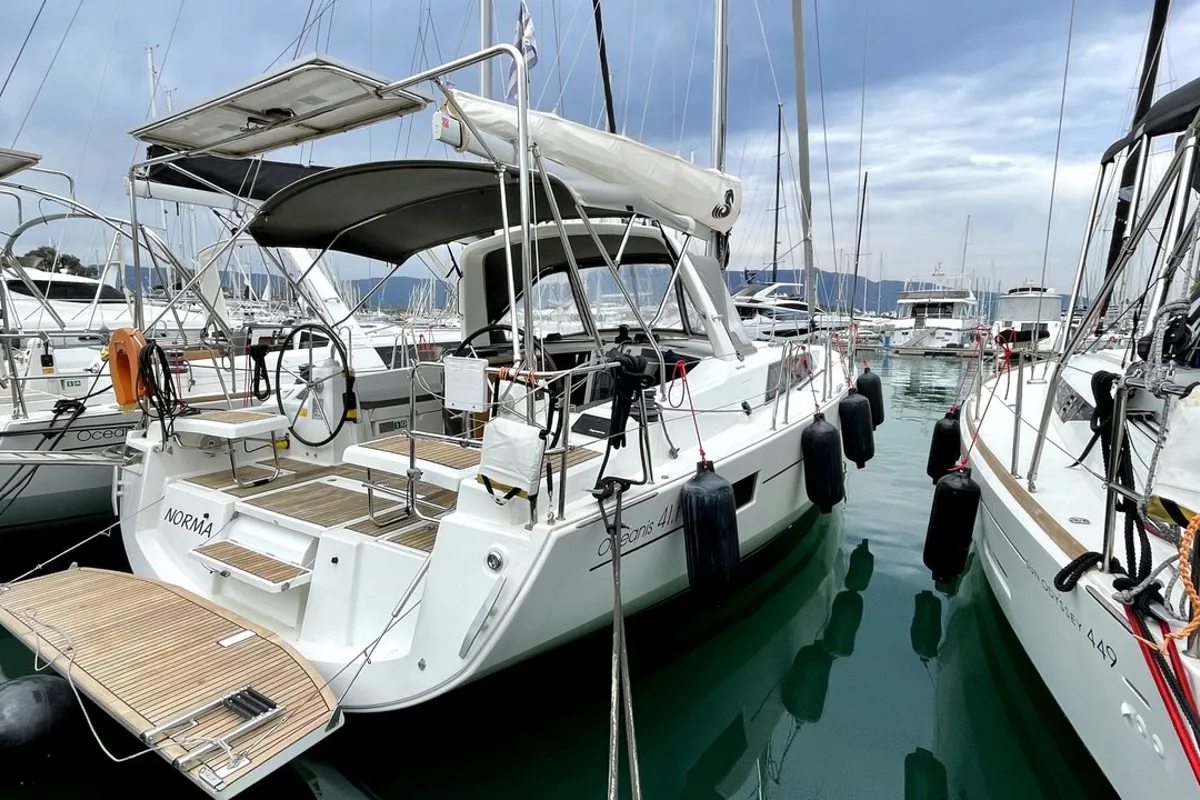 Exterior view of Norma, a Beneteau Oceanis 41.1 sailboat at Athens, Greece