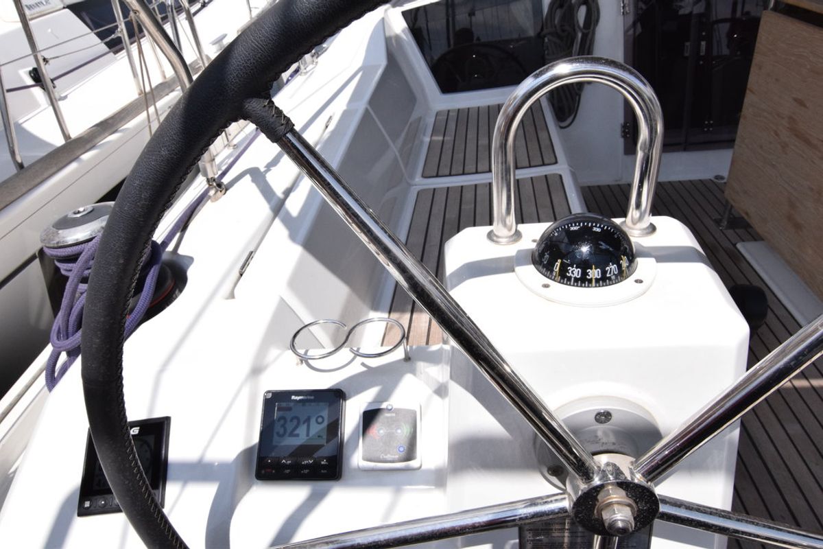 Cockpit of Norma, a Beneteau Oceanis 41.1 sailboat at Athens, Greece