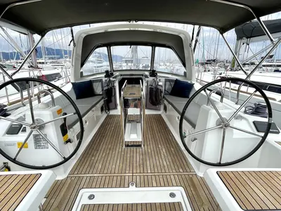 Cockpit of Norma, a Beneteau Oceanis 41.1 sailboat at Athens, Greece