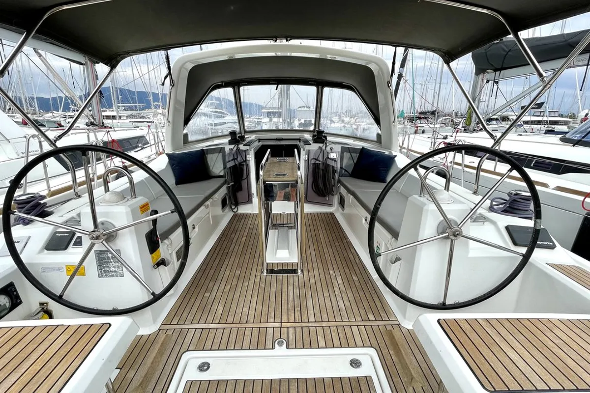 Cockpit of Norma, a Beneteau Oceanis 41.1 sailboat at Athens, Greece