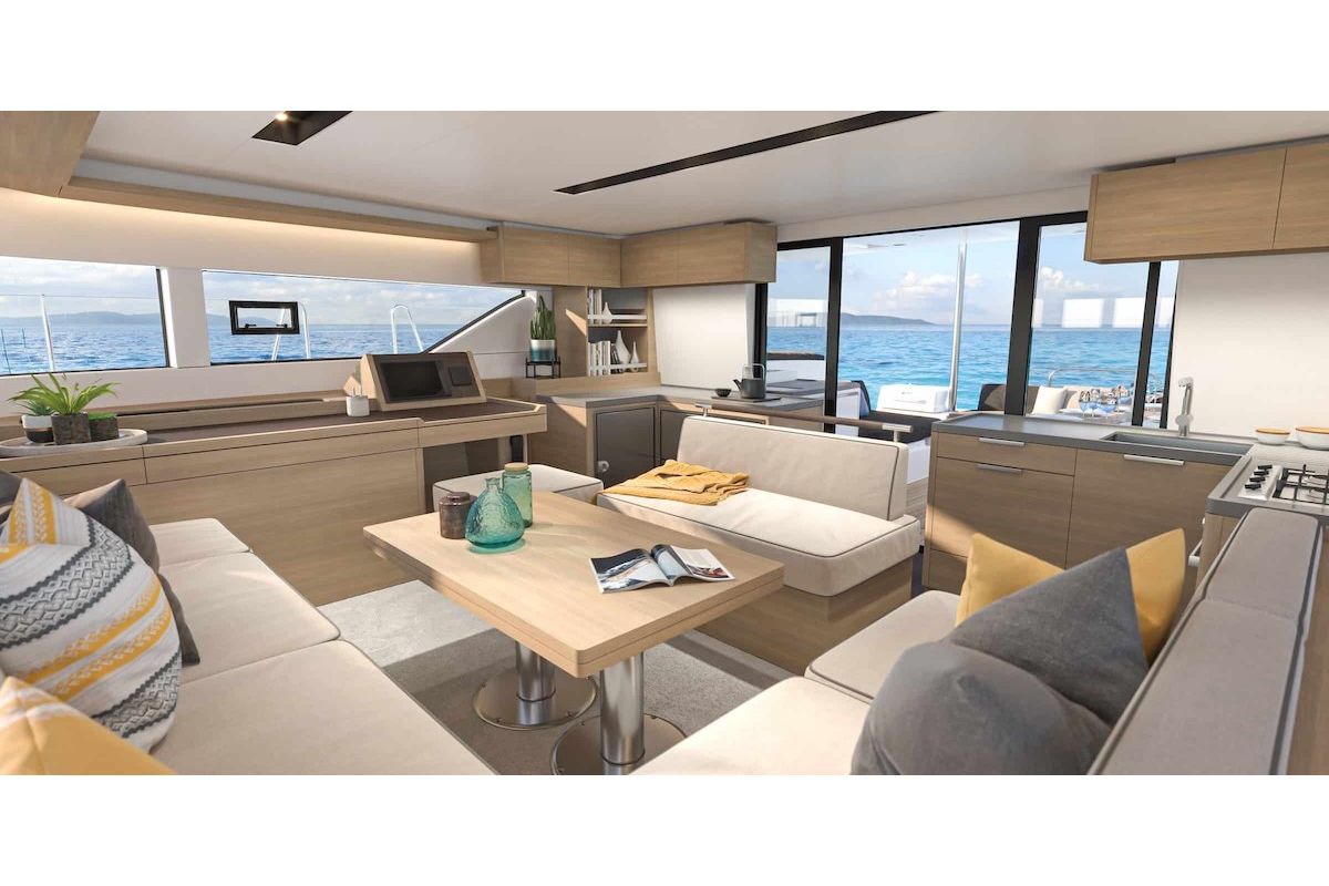 Deck of New Lag 51, a Lagoon 51 catamaran at Olbia, Italy