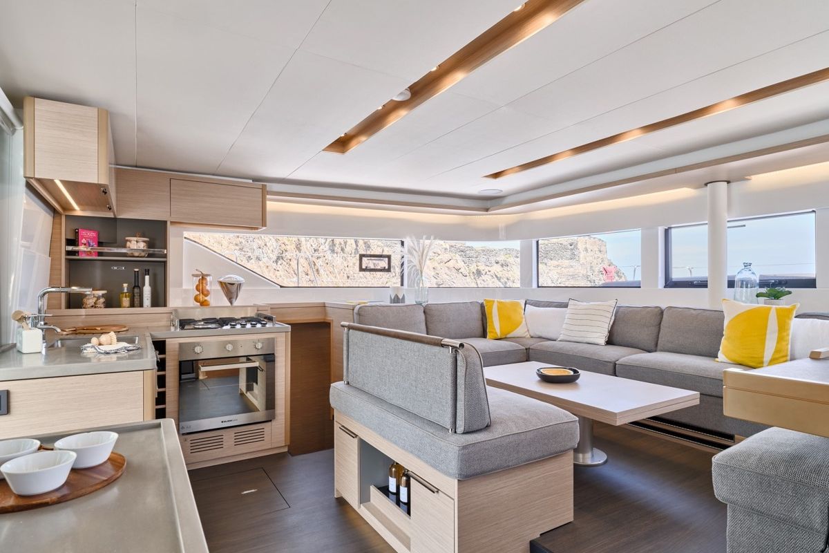Salon of New Lag 51, a Lagoon 51 catamaran at Olbia, Italy