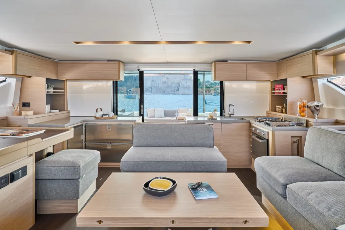 Salon of New Lag 51, a Lagoon 51 catamaran at Olbia, Italy