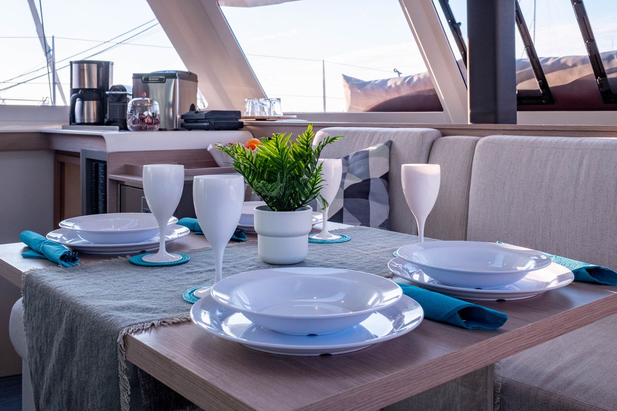 Salon of Zagara, a Fountaine Pajot Isla 40 catamaran at Municipal Unit of Lefkada, Greece