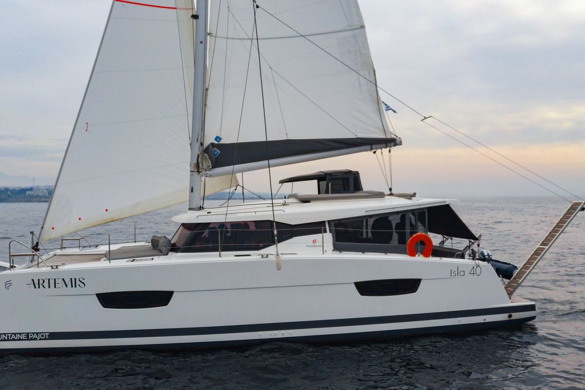 Exterior view of Zagara, a Fountaine Pajot Isla 40 catamaran at Municipal Unit of Lefkada, Greece