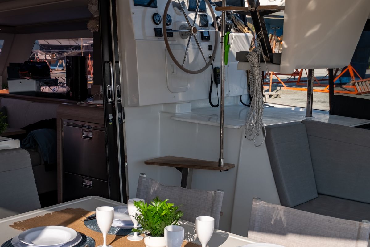 Cockpit of Zagara, a Fountaine Pajot Isla 40 catamaran at Municipal Unit of Lefkada, Greece