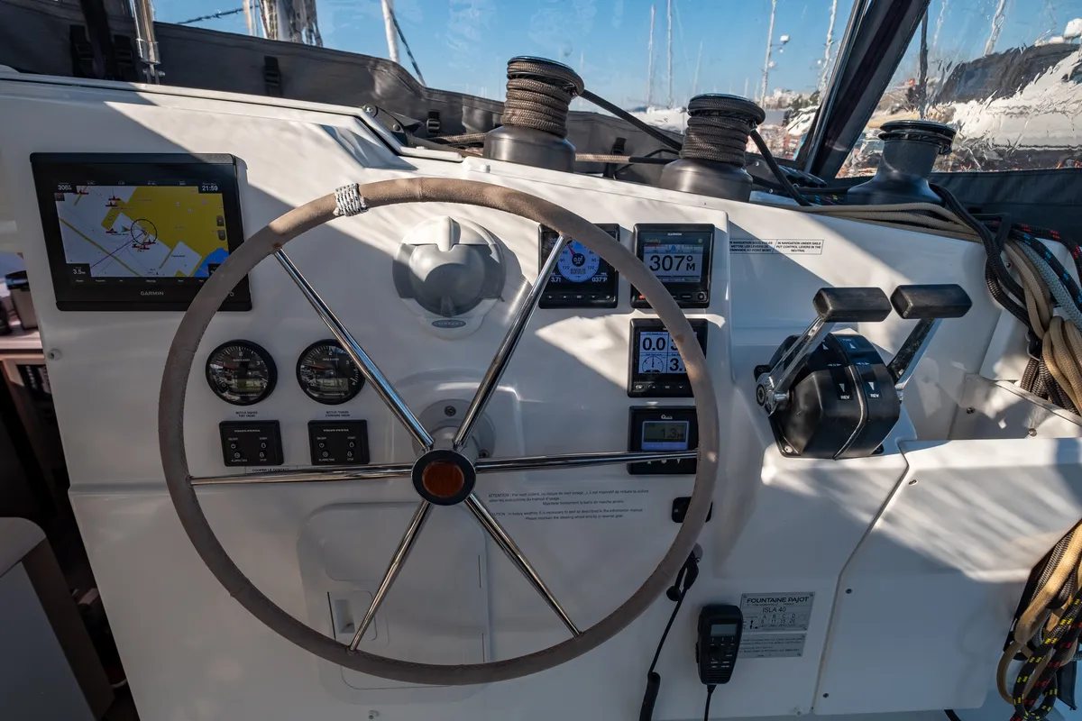 Cockpit of Zagara, a Fountaine Pajot Isla 40 catamaran at Municipal Unit of Lefkada, Greece