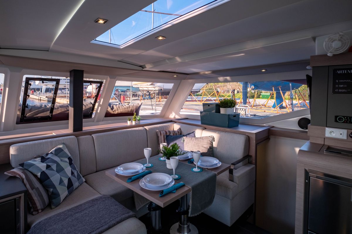 Salon of Zagara, a Fountaine Pajot Isla 40 catamaran at Municipal Unit of Lefkada, Greece