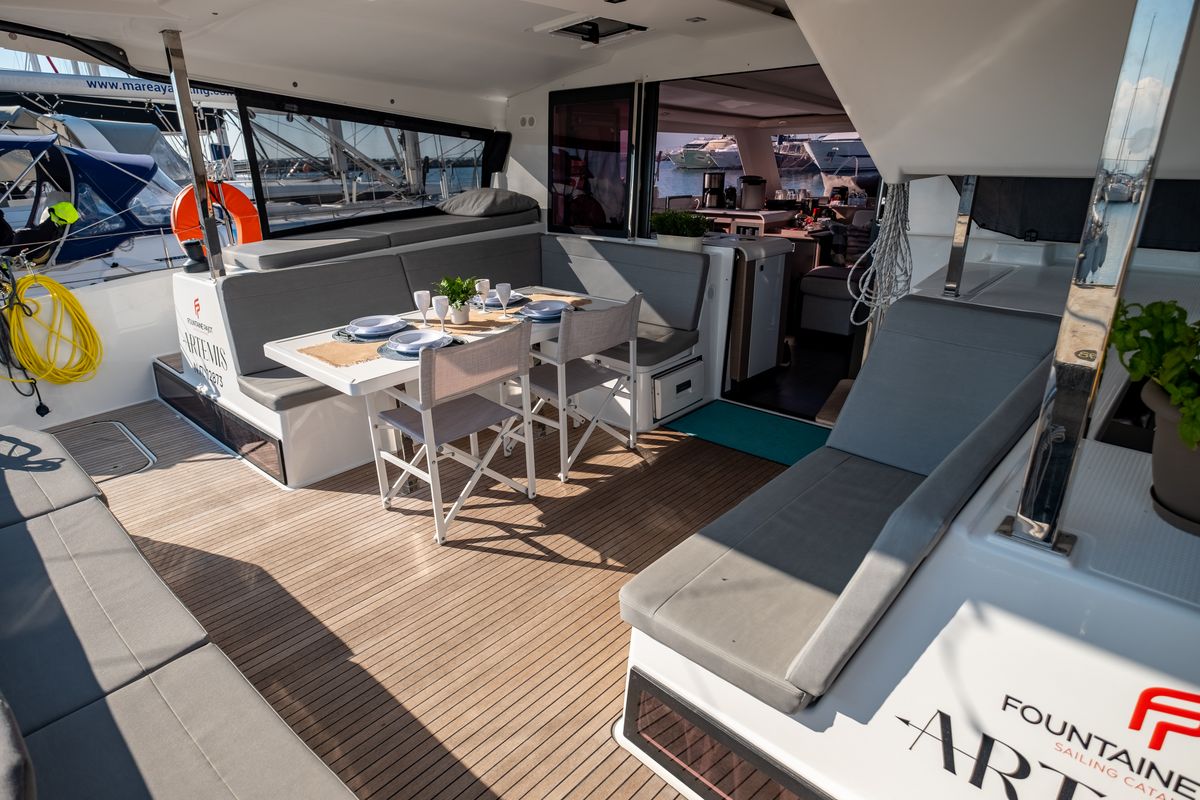 Deck of Zagara, a Fountaine Pajot Isla 40 catamaran at Municipal Unit of Lefkada, Greece