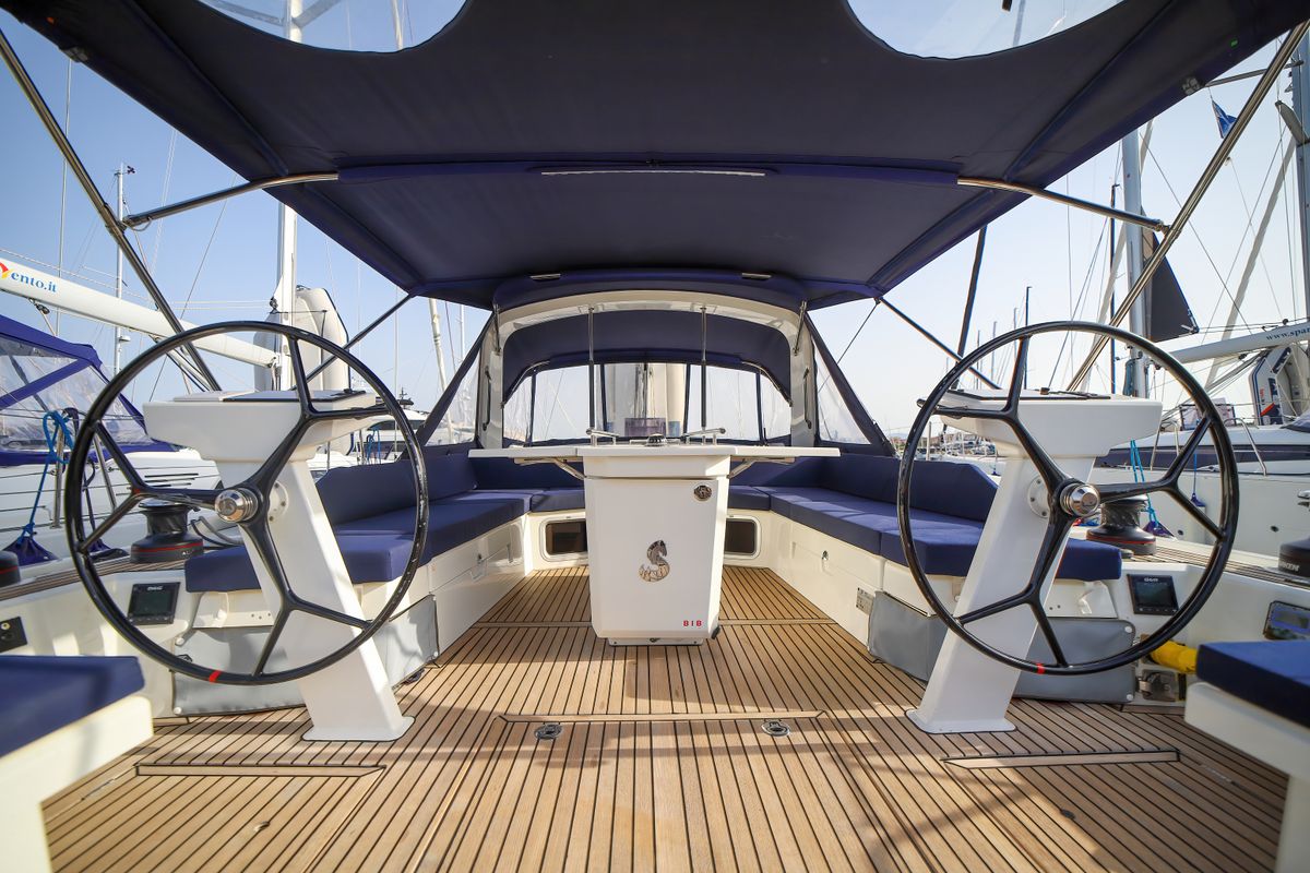 Cockpit of Zagara - Comfort Line, a Beneteau Oceanis 51.1 sailboat at Olbia, Italy