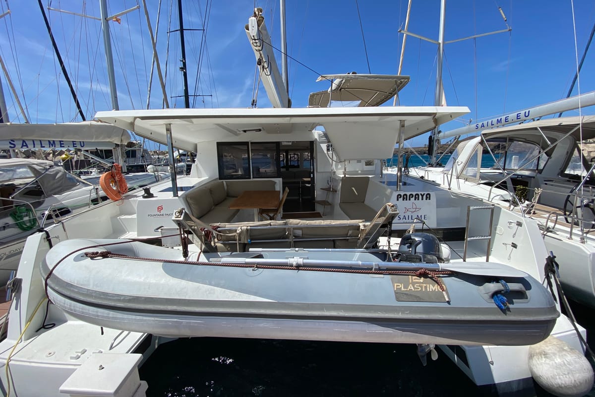 Exterior view of Papaya, a Fountaine Pajot Lucia 40 catamaran at Ibiza, Spain