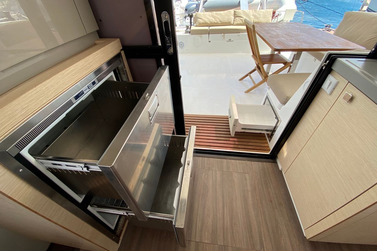 Galley of Papaya, a Fountaine Pajot Lucia 40 catamaran at Ibiza, Spain