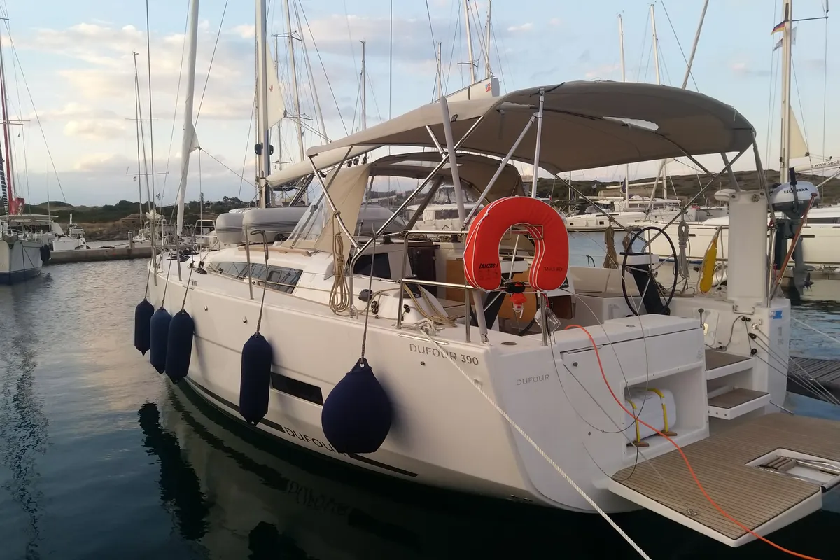 Exterior view of Blu, a Dufour 390 sailboat at Municipal Unit of Nea Peramos, Greece