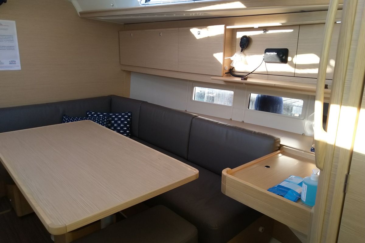 Salon of Blu, a Dufour 390 sailboat at Municipal Unit of Nea Peramos, Greece