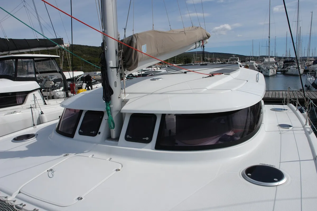 Deck of Argos, a Fountaine Pajot Lipari 41 catamaran at Punat, Croatia
