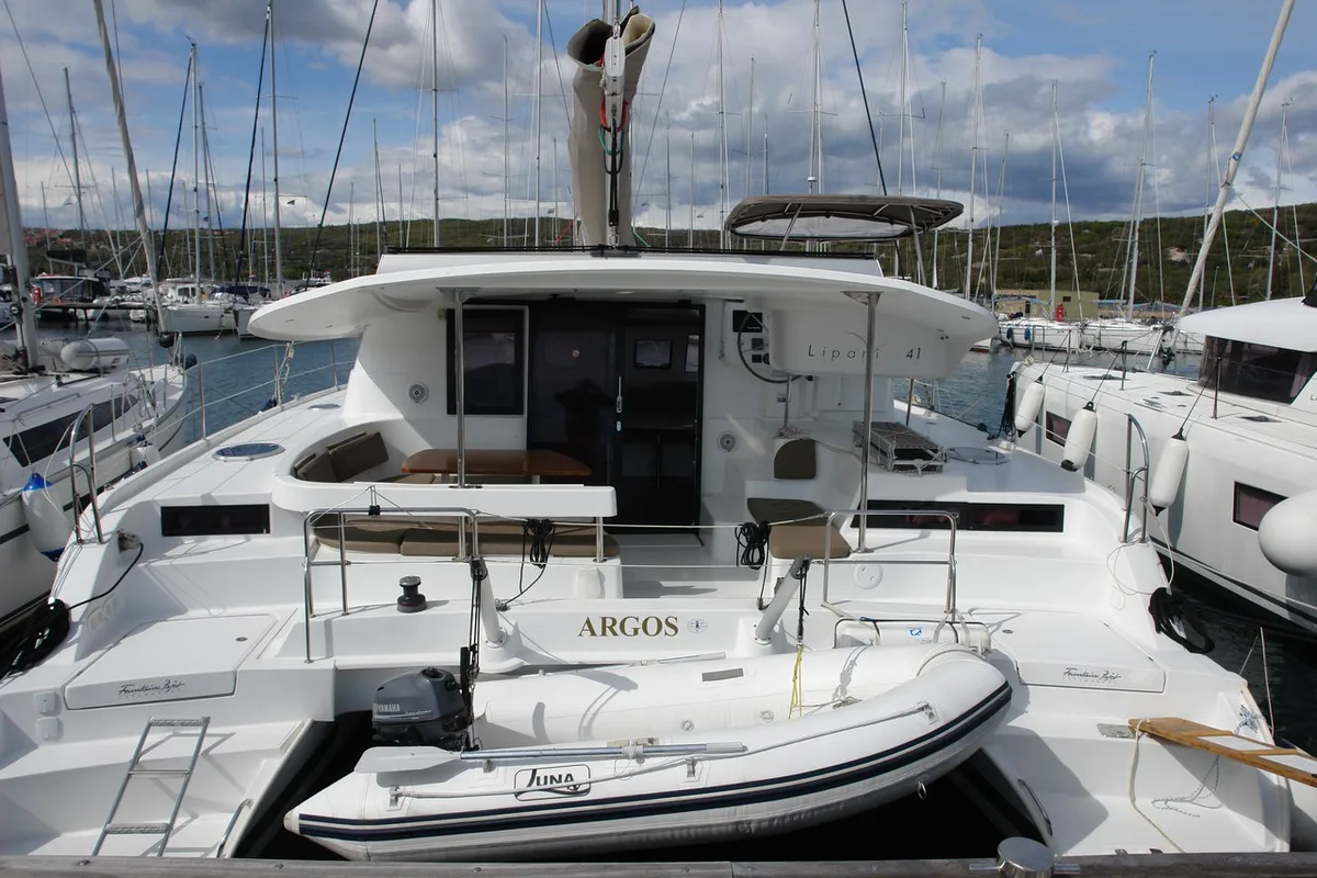 Exterior view of Argos, a Fountaine Pajot Lipari 41 catamaran at Punat, Croatia