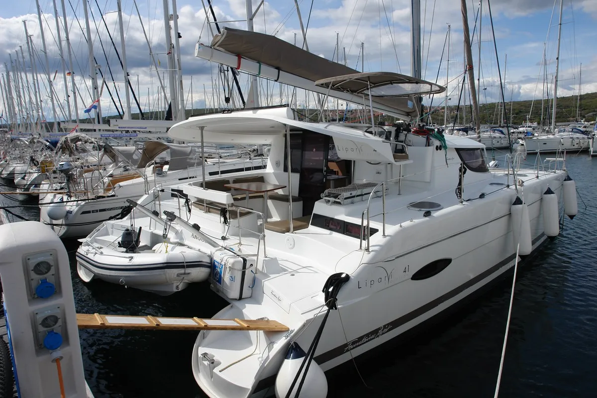 Exterior view of Argos, a Fountaine Pajot Lipari 41 catamaran at Punat, Croatia