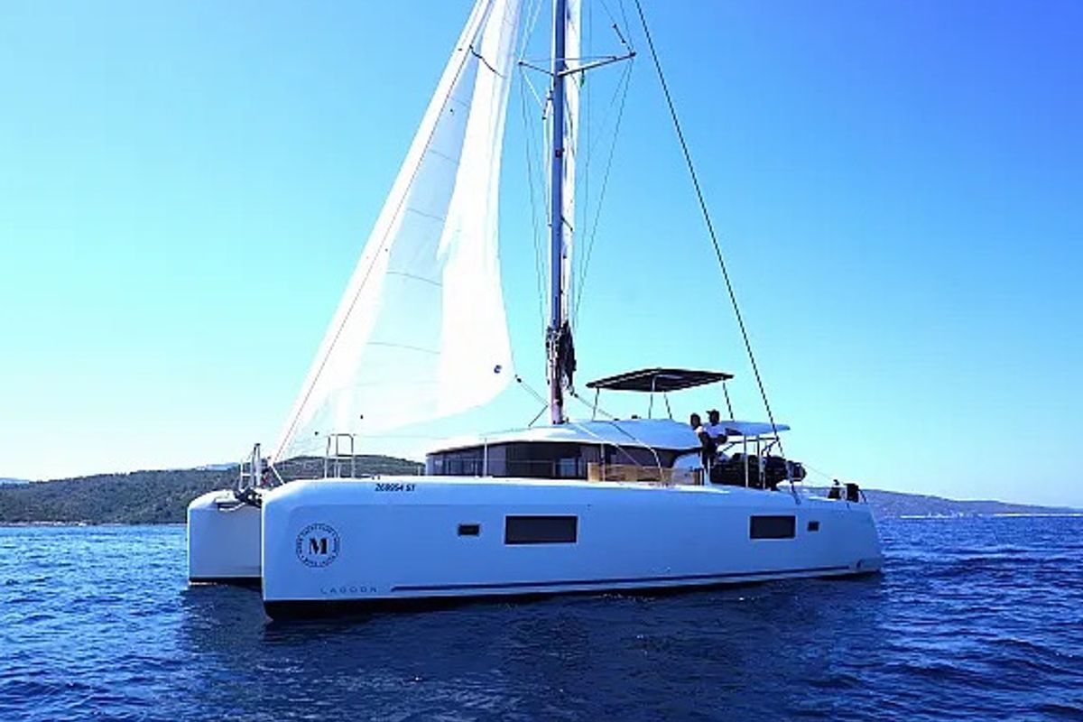 Exterior view of Amfitrite, a Lagoon 42 catamaran at Grad Trogir, Croatia