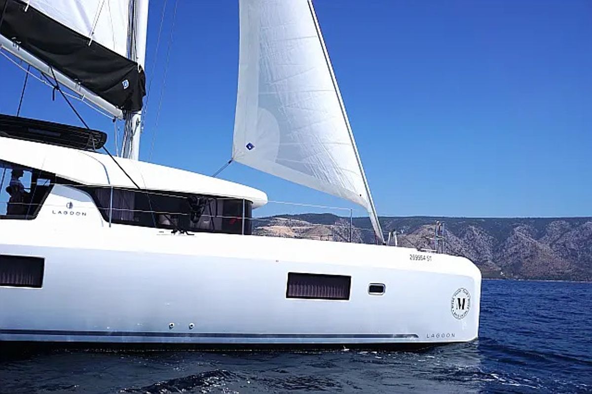 Exterior view of Amfitrite, a Lagoon 42 catamaran at Grad Trogir, Croatia