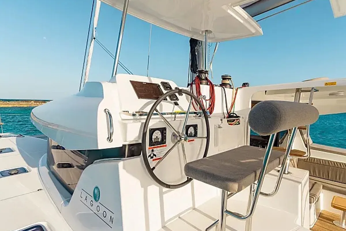 Cockpit of Amfitrite, a Lagoon 42 catamaran at Grad Trogir, Croatia