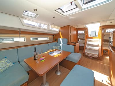 Salon of Queens of Utrecht, a Jeanneau Sun Odyssey 490 sailboat at Municipal Unit of Ellomenos, Greece