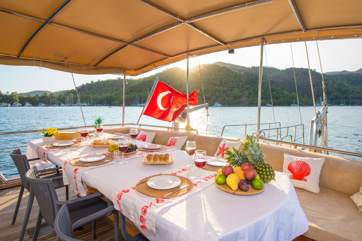 Deck of Flores, a Gulet Gulet gulet at Fethiye, Turkey