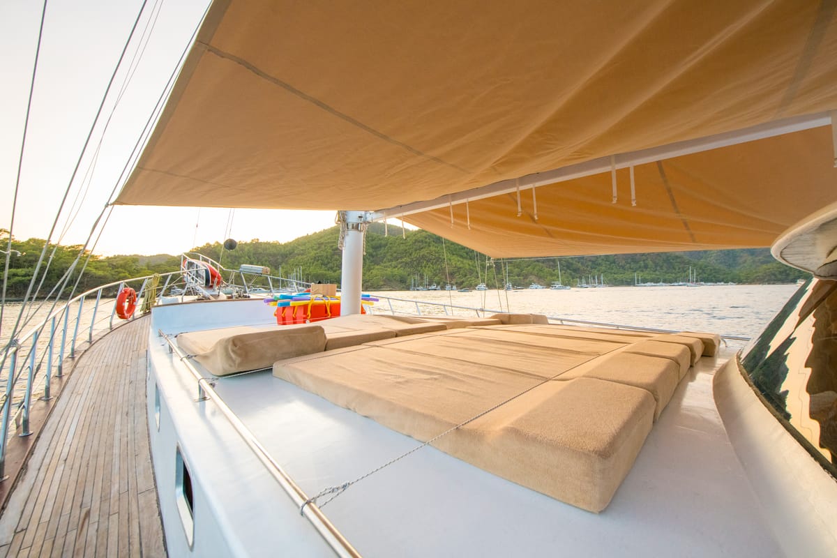 Deck of Flores, a Gulet Gulet gulet at Fethiye, Turkey