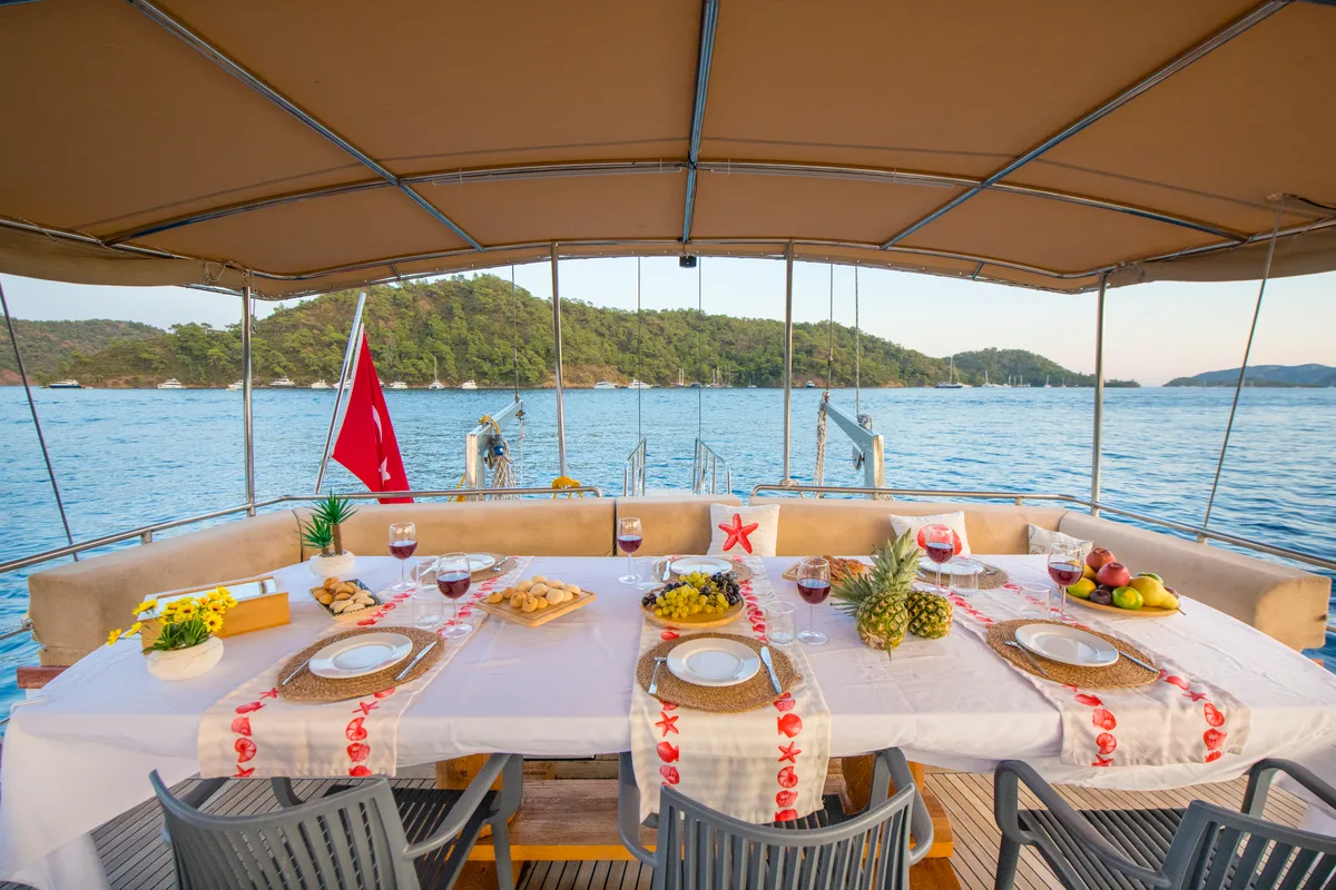 Deck of Flores, a Gulet Gulet gulet at Fethiye, Turkey