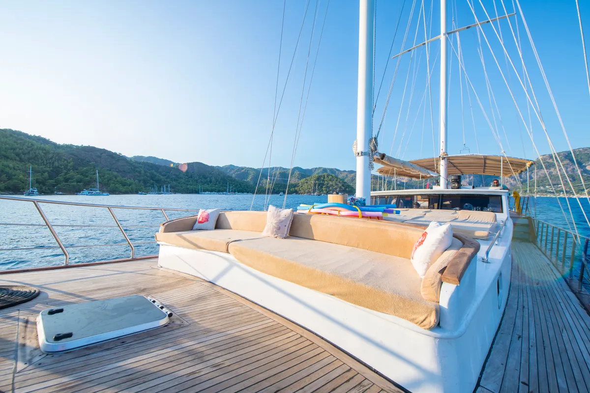 Deck of Flores, a Gulet Gulet gulet at Fethiye, Turkey
