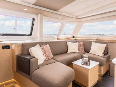 Salon of FP 41, a Fountaine Pajot New 41 catamaran at es Jonquet, Spain